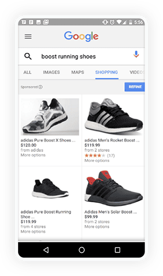 Google Shopping购物广告示意图，展示产品图片、价格和购物广告结果