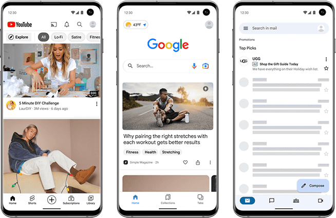 Google发现广告示意图，展示YouTube、Google Discover和Gmail信息流广告场景，适合外贸企业进行海外客户触达和再营销推广