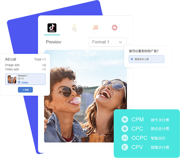 海外社交媒体内容营销策略示意图，展示海外社媒广告、内容分发、素材测试和用户互动优化