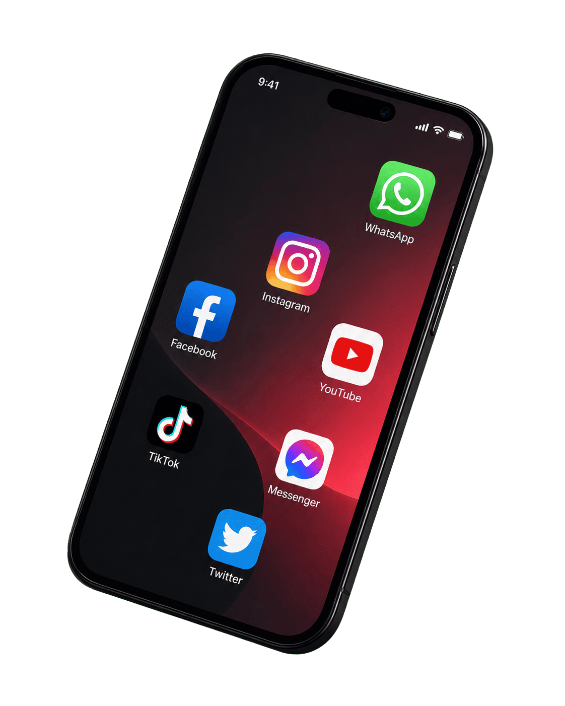 海外社交媒体代运营展示图，包含YouTube、Facebook、Instagram、TikTok、Messenger、Twitter和WhatsApp等社媒平台图标
