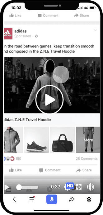 Facebook精品栏广告在手机端的全屏商品展示效果示意图