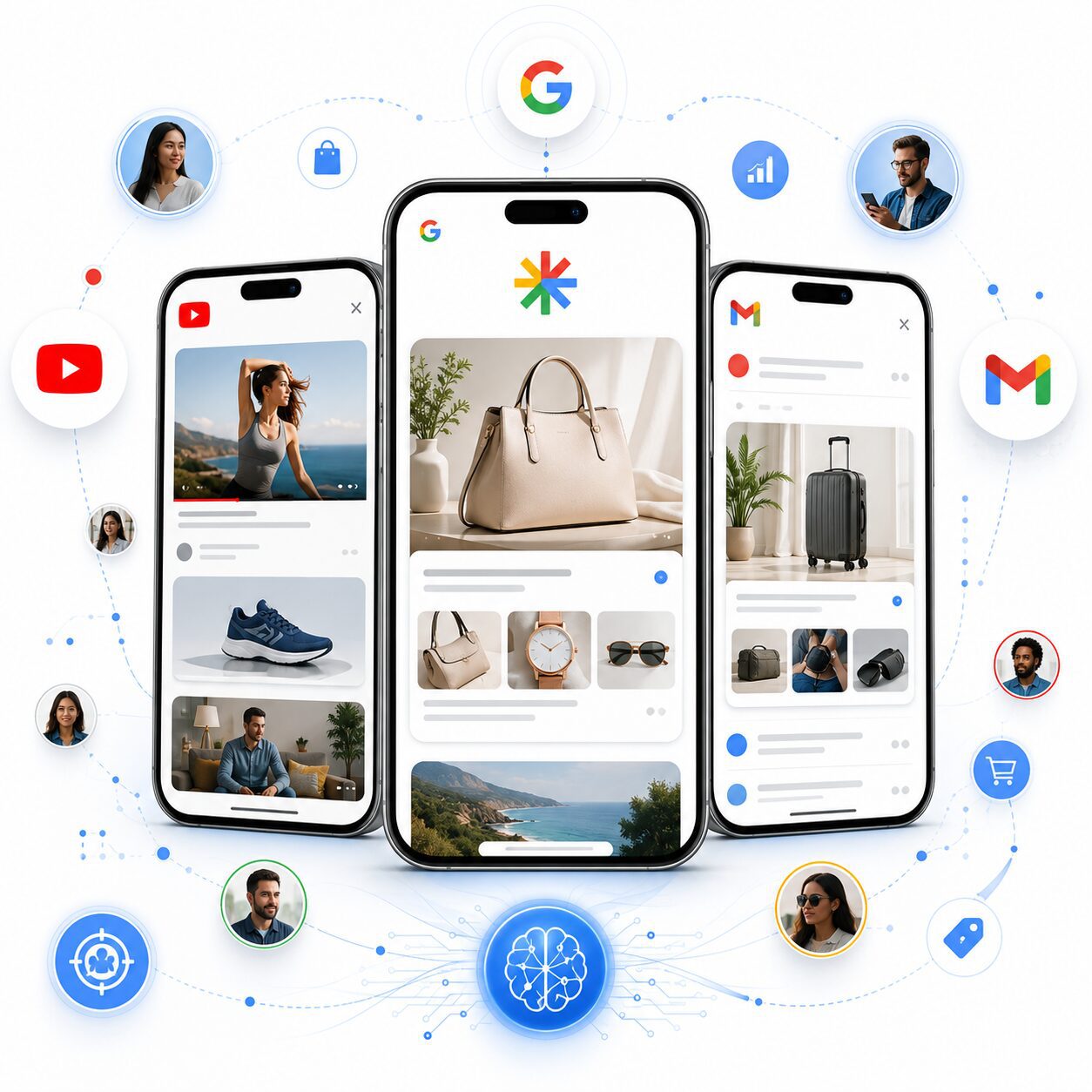 Demand Gen需求挖掘广告示意图，展示Google信息流广告、Gmail、Google探索和YouTube广告场景，适合外贸企业进行海外客户触达和品牌推广